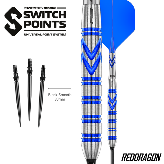 Dardi d'acciaio originali Switch Point di Gerwyn Price, Red Dragon Rosso Die Red Dragon Gerwyn Price Blue Original Switch Point Steeldarts werden präsentiert. Sie zeichnen sich durch ihr markantes blaues Design aus.