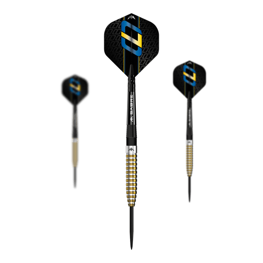 Freccette in acciaio Mission Oskar Lukasiak PVD oro nero - 22 g Das Bild zeigt drei Steeldarts des Modells "Mission Oskar Lukasiak Black Gold PVD" mit einem Gewicht von 22g. Die Darts haben ein schwarz-goldenes Design und auffällige Flights mit blauen und goldenen Akzenten.