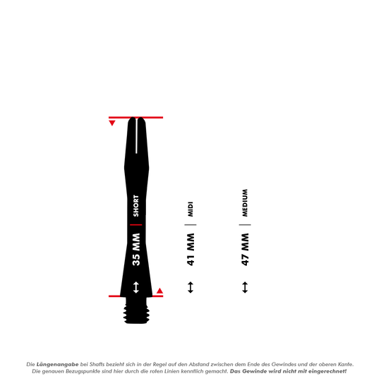HR366_Harrows_Keramic_Shafts_5_35mm87YK1ve7QrOo3 Das Bild zeigt drei verschiedene Längen der Harrows Keramic Shafts - White: 35 mm (Short), 41 mm (Midi) und 47 mm (Medium). Die Längenangaben beziehen sich auf den Abstand zwischen dem Ende des Gewindes und der oberen Kante.