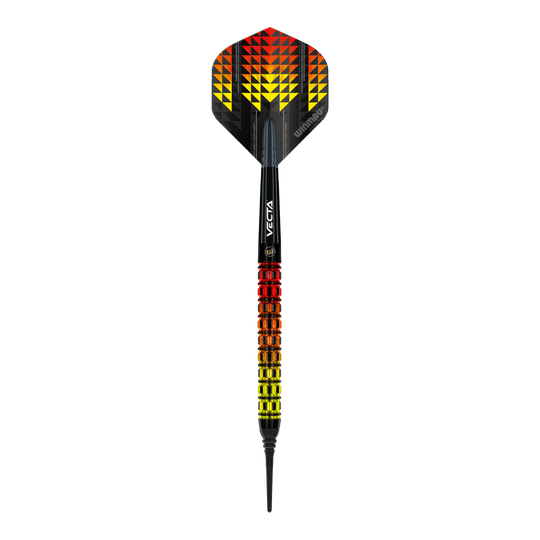 Freccette morbide parallele Winmau Firestorm Flame - 20 g Das Bild zeigt einen Winmau Firestorm Flame Parallel Softdart mit einem Gewicht von 20g. Der Dart hat ein auffälliges Design mit gelben, orangefarbenen und roten Flammenmustern.