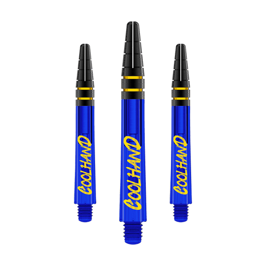 Alberi Red Dragon Nitrotech Luke Humphries Coolhand - Blu Das Bild zeigt drei blaue Dartschäfte mit der gelben Aufschrift "COOLHAND". Die Schäfte haben schwarze und goldene Ringe am oberen Ende.
