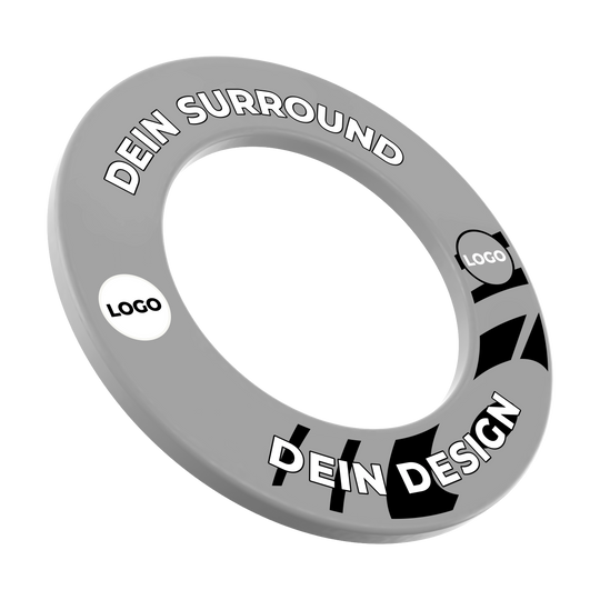 Ein Dartboard-Surround in Grau ist abgebildet. Es ist mit individuellem Druck versehen.