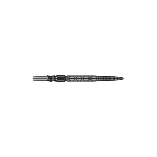 Punte per freccette Target Swiss Diamond Pro Black Points Dies ist eine schwarze Dartspitze mit einem diamantförmigen Muster. Sie ist vorne spitz zulaufend und hat eine silberne Befestigung am hinteren Ende.