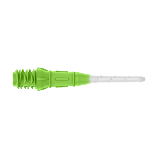 L-Style Premium Two Tone Lippoints (confezione da 30) Das Bild zeigt eine zweifarbige Dartspitze, die grün und weiß ist. Der hintere Teil ist grün und der vordere Teil ist weiß.