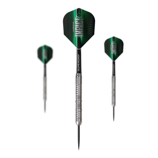 Freccette in acciaio Harrows Impact Dieses Bild präsentiert ein Set Harrows Impact Steeldarts. Das Set umfasst mehrere Darts für Steeldartspiele.
