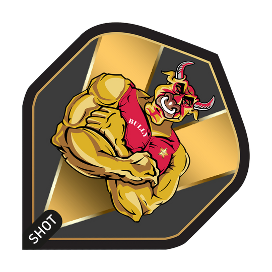 Colpo di Michael Smith Bully Boy Gold Standard Flights Das Bild zeigt ein Dartflight-Design mit einem muskulösen Stier im roten Trikot, auf dem "BULLY" steht. Im Hintergrund sind goldene und schwarze Farbakzente sowie das Logo "SHOT" zu sehen.