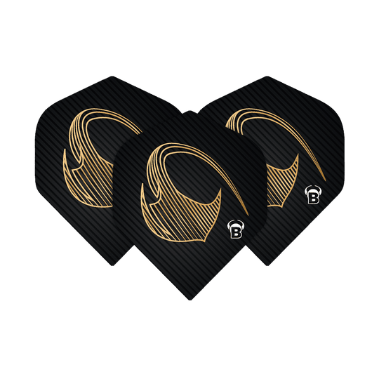 Das Bild zeigt drei schwarze Dart-Flights mit einem goldenen Muster und dem Buchstaben "B" in der Ecke. Es handelt sich um die Bulls Metrixx Stingray No2 Standard Flights.
