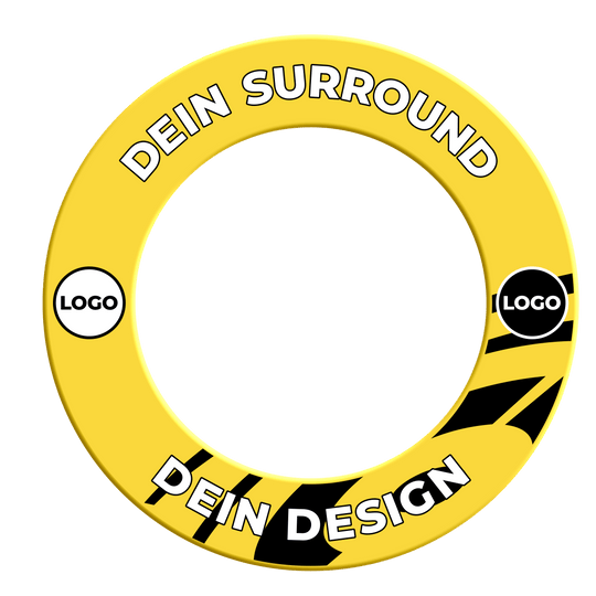 Cornice per bersaglio con il tuo design Das Bild zeigt ein Produkt namens MSF-Gelb_Dartboard_Surround_Wunschdruck_Gelb_2. Es handelt sich um einen gelben Dartboard-Surround mit individuellem Druck.
