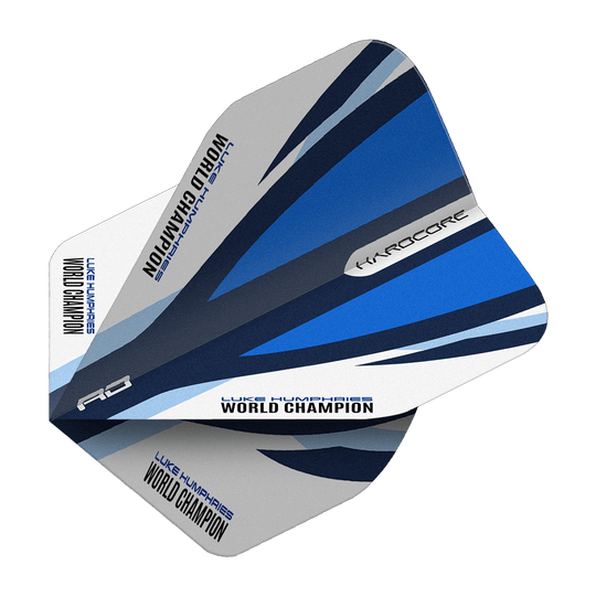 Red Dragon Hardcore Luke Humphries Voli Standard Blu Bianco Das Bild zeigt die Red Dragon Hardcore Luke Humphries Blue White Standard Flights. Die Dartflights haben ein blau-weißes Design und den Aufdruck "Luke Humphries World Champion".