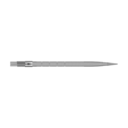 Punte per freccette Harrows Quick Point Micro Ridge - Argento Abgebildet sind silberne Harrows Quick Point MicroRidge Dartspitzen mit einer Länge von 40 mm. Die Spitzen liegen nebeneinander auf dem Bild.