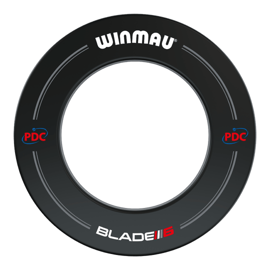 Cornice per freccette Winmau PDC - nera Das Bild zeigt einen schwarzen Winmau PDC Dartboard Surround. Auf dem Surround sind die Logos von Winmau, PDC und Blade 5 zu sehen.