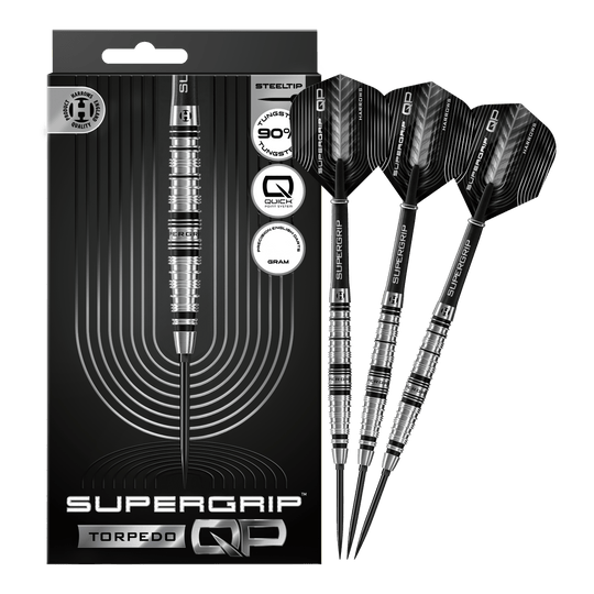 Freccette in acciaio Harrows Supergrip Torpedo Quick Point Abgebildet sind Harrows Supergrip Torpedo Quick Point Steeldarts. Die Steeldarts sind vollständig dargestellt.