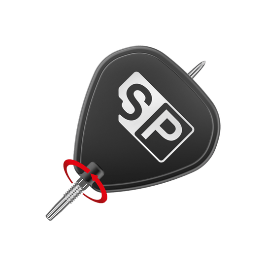 Punte per freccette Target Swiss Point GRD Silver Das Bild zeigt eine silberne Dartspitze der Marke "Target Swiss Point GRD". Die Spitze ist an einem schwarzen Flightschutz mit den Buchstaben "SP" befestigt.