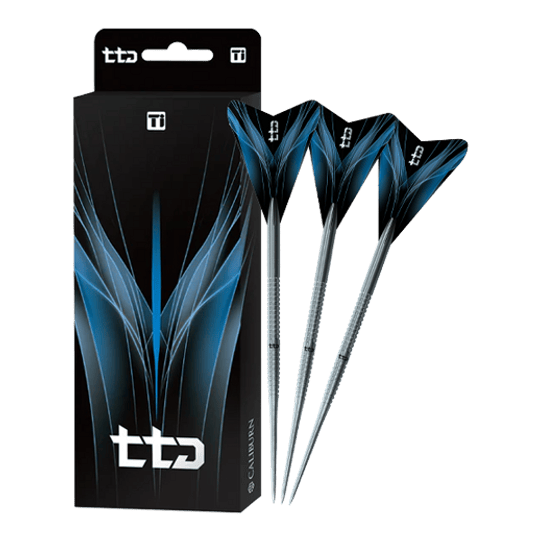 Caliburn TTD Complete Titanium T1 Silver Steeldarts - 5 g Das Bild zeigt die Caliburn TTD Complete Titanium T1 Silver Steeldarts - 5g. Es handelt sich um hochwertige silberne Steeldarts aus Titan.