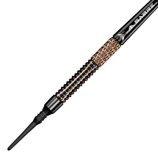 Freccette morbide Mission Horus - 19 g Das Bild zeigt einen Mission Horus Softdart mit einem Gewicht von 19 Gramm. Der Dart hat ein elegantes Design mit goldfarbenen und schwarzen Elementen.