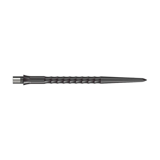 Punte Caliburn System Steeldart - Ripple - NoLip - Nere Das Bild zeigt Steeldartspitzen des Caliburn Evo Systems in Schwarz, 40 mm lang. Zwei Spitzen sind sichtbar, die Oberfläche ist geriffelt ohne Lippe.