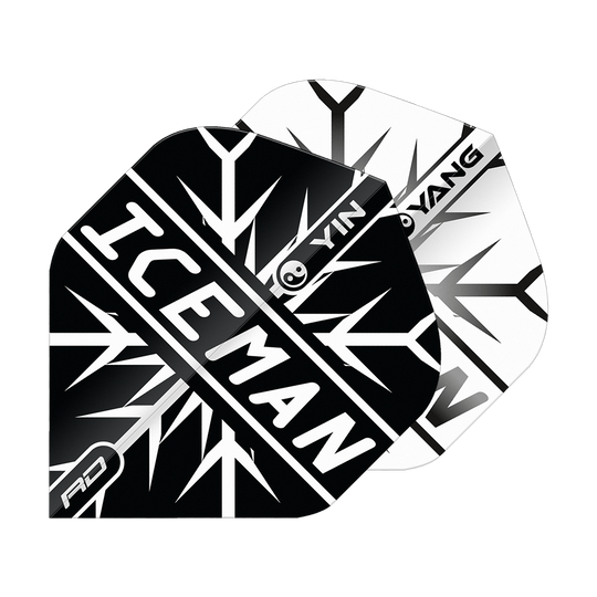 Red Dragon Gerwyn Price Iceman Nero Bianco Yin Yang Voli Standard Das Bild zeigt zwei Dart-Flights in Schwarz und Weiß mit einem Yin-Yang-Design. Auf dem vorderen Flight steht in großen Buchstaben „ICEMAN“.