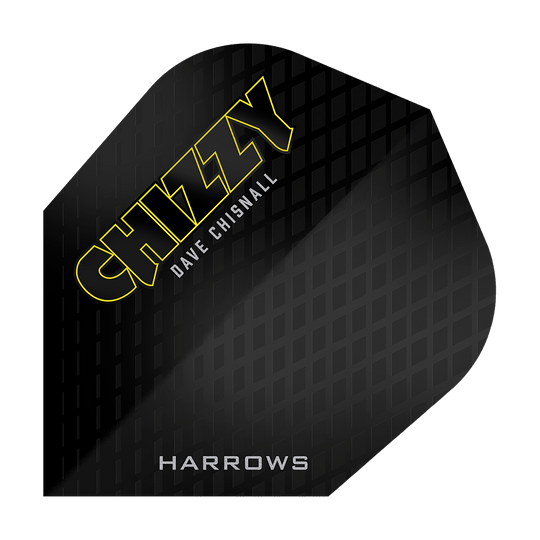 Dave Chisnall Chizzy Series 3 Flights di Harrow Das Bild zeigt ein schwarzes Dartflight mit einem Muster und der Aufschrift "CHIZZY DAVE CHISNALL" in gelben und weißen Buchstaben. Unten steht außerdem das Wort "HARROWS".