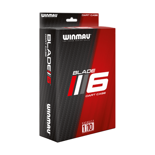 8334_Winmau_Blade6_Dartcase_5 Die Abbildung zeigt die Verpackung des Produkts „Winmau Blade 6 Dartcase“. Die Verpackung ist in Schwarz und Rot gehalten und hebt die Kapazität von 1 Satz mit 10 Taschen hervor.
