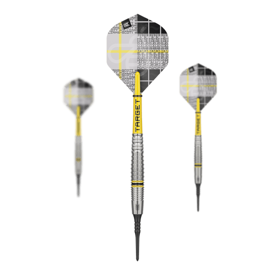 Freccette morbide Target Scott Williams GEN2 - 18 g Das Bild zeigt drei Softdarts des Modells "Target Scott Williams GEN2" mit einem Gewicht von 18g. Die Darts haben gelb-silberne Schächte und moderne Flights mit einem schwarz-weißen Muster.