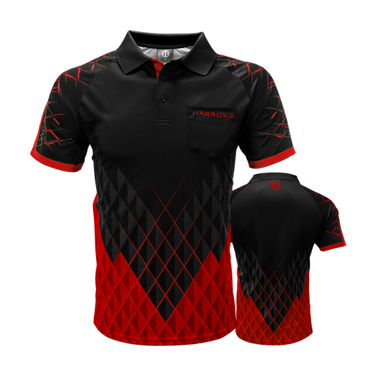 HRS-26036_Harrows_Paragon_Dartshirt_Rot_0 Das Bild zeigt das Harrows Paragon Dartshirt in Rot mit einem auffälligen, geometrischen Muster in Schwarz und Rot. Auf der Vorderseite befindet sich eine Brusttasche mit dem Harrows-Logo.
