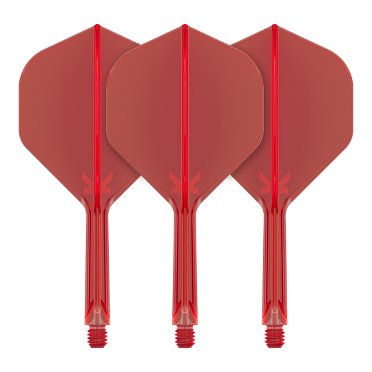 Target K-Flex No2 Standard Flight System - Rosso Auf dem Bild sind drei rote Dartflights mit integrierten Schäften zu sehen. Sie stehen nebeneinander in einer aufrechten Position.