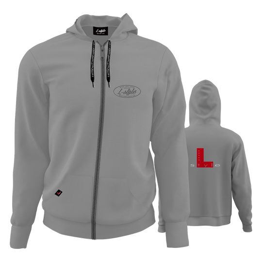 Felpa con cappuccio L-Style - Grigio Der "L-Style Hoodie - Grau" ist ein grauer Kapuzenpullover mit Reißverschluss und schwarzem Kordelzug. Auf der Vorderseite befindet sich ein dezentes Logo, auf dem Rücken ein großes rotes "L" mit dem Schriftzug "style".