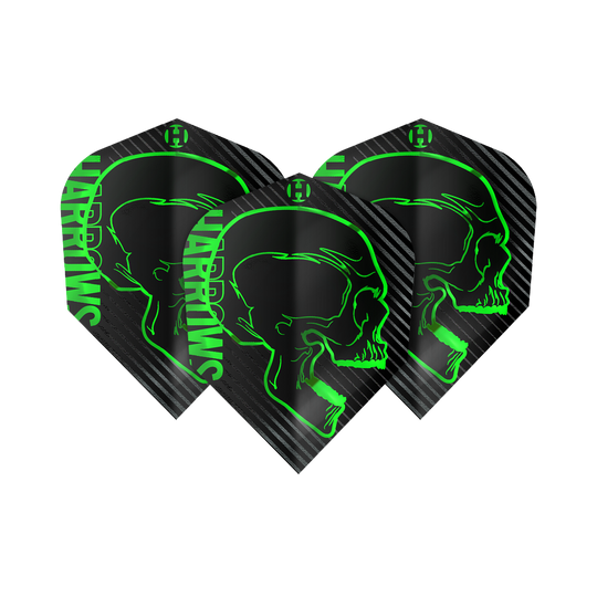 Voli Harrows Rage Green No6 Das Bild zeigt drei schwarze Dart-Flights mit einem grünen Totenkopf-Design und dem Schriftzug "Harrows". Die Flights sind das Modell "Harrows Rage Green No6".