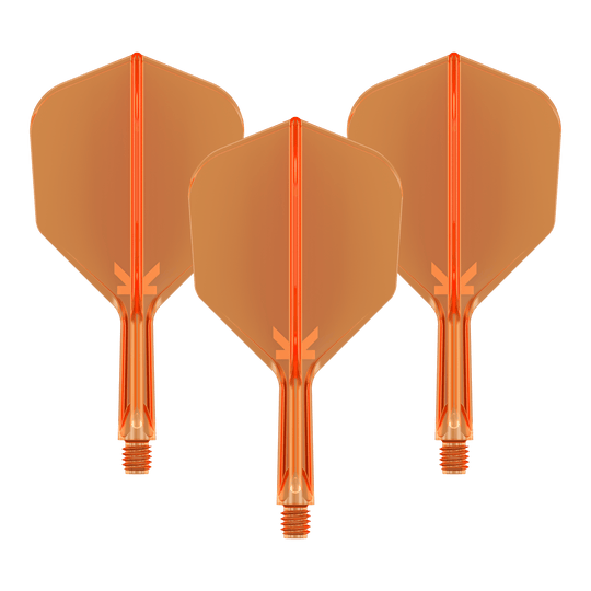 Target K-Flex No6 Flight System - Arancione Neon Auf dem Bild sind drei neonorange Darts-Flights mit Schaft zu sehen. Sie sind nebeneinander angeordnet und haben eine transparente Optik.