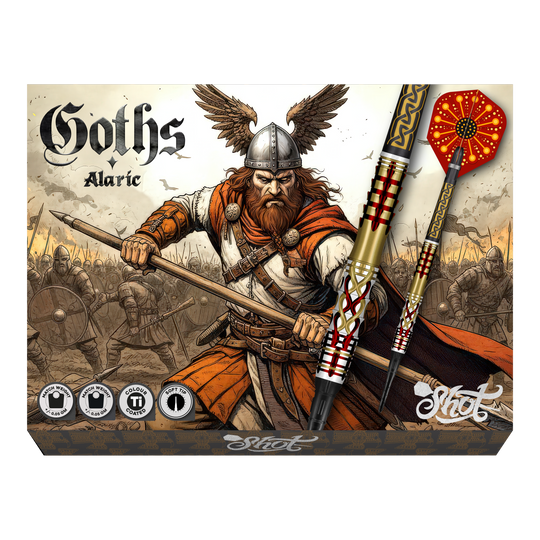 Freccette morbide Shot Goths Alaric - 20 g Abgebildet sind Shot Goths Alaric Softdarts mit einem Gewicht von 20g. Die Darts eignen sich perfekt für das Softdart-Spiel.