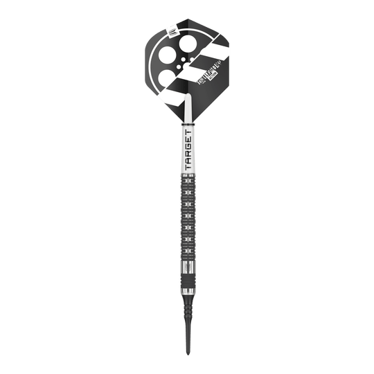 Freccette morbide Target Chris Dobey Hollywood Action - 20 g Das Bild zeigt einen Target Chris Dobey Hollywood Action Softdart mit einem Gewicht von 20g. Der Dart hat ein schwarz-weißes Flight-Design, das an eine Filmklappe erinnert.