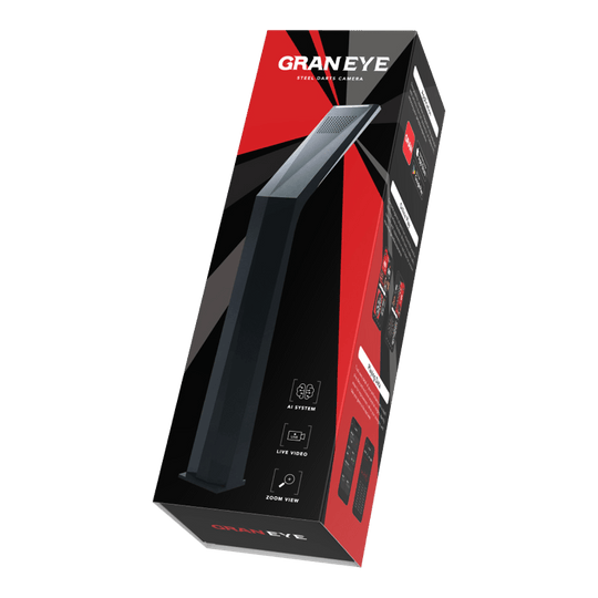 Sistema di punteggio automatico GranDarts Gran Eye GEN2 Steeldart Das Bild zeigt die Verpackung des Produkts "GranDarts GranEye Steeldart Auto-Scoring-System". Auf der Schachtel sind ein Bild des Geräts sowie Hinweise auf Funktionen wie KI-System, Live-Video und Zoom-Ansicht abgebildet.