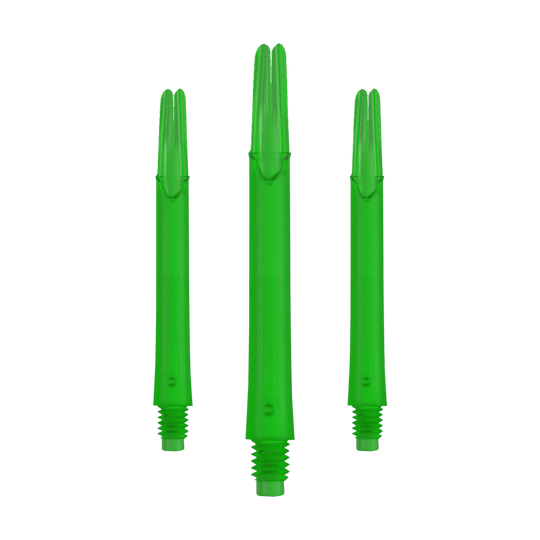 Alberi a L bloccati dritti - Verde Auf dem Bild sind drei grüne, gerade Dartschäfte zu sehen. Sie sind jeweils unten mit einem Gewinde versehen und stehen nebeneinander.