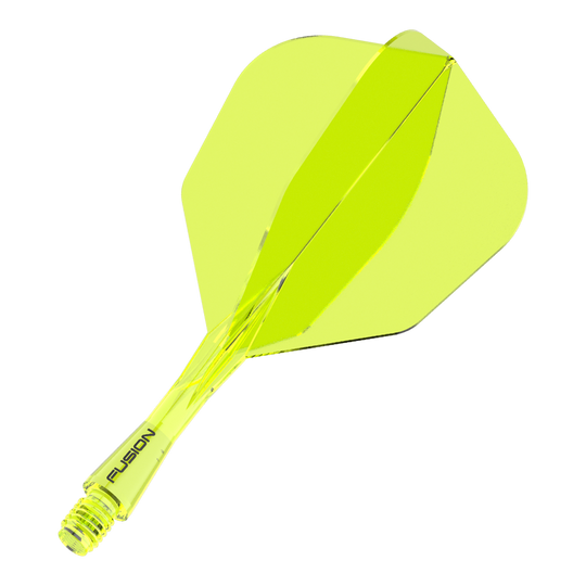 Sistema di alberi di volo a fusione Winmau n. 6 giallo neon Das Bild zeigt ein neon-gelbes Dartflight- und Shafts-System. Auf dem Schaft steht das Wort "FUSION".