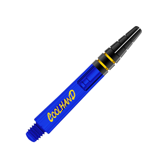 Alberi Red Dragon Nitrotech Luke Humphries Coolhand - Blu Das Bild zeigt einen blauen Dart-Schaft mit der Aufschrift "COOLHAND" in gelber Schrift. Der Schaft hat am oberen Ende schwarze und gelbe Akzente.