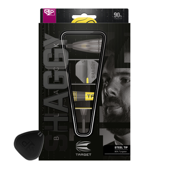Freccette in acciaio Target Scott Williams Shaggy Black Swiss Point Das Bild zeigt die Verpackung der "Target Scott Williams Shaggy Black Swiss Point Steeldarts". Auf der Verpackung sind ein abgebildeter Dartpfeil sowie das Gesicht eines Mannes zu sehen.