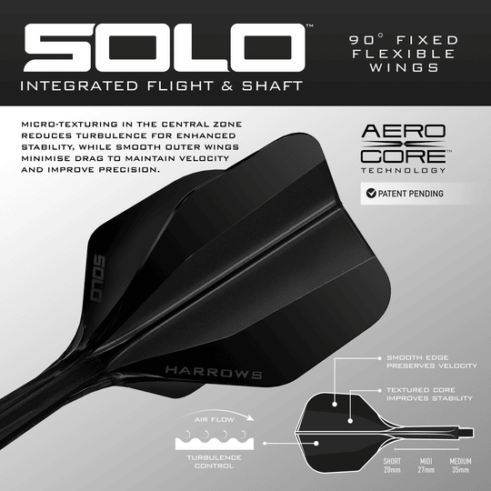 Dieses Bild zeigt das Harrows Solo No6 Flight-Shaft-System in Schwarz. Das Produkt ist aus einer anderen Position dargestellt.