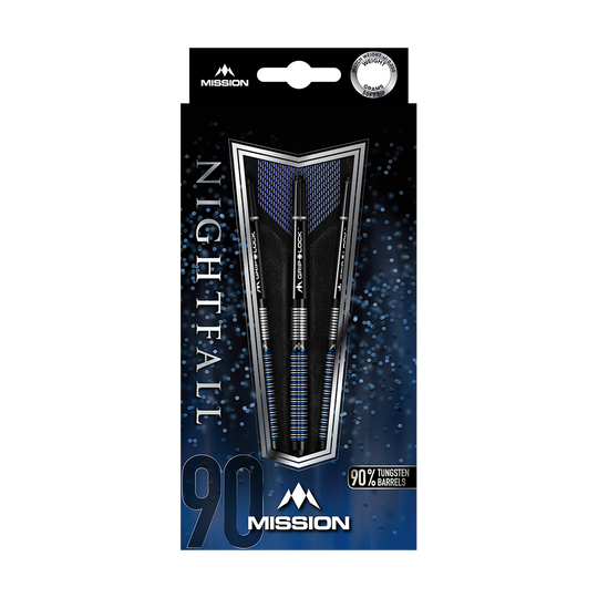 Freccette morbide Mission Nightfall Model 1 Das Bild zeigt die Verpackung der "Mission Nightfall Model 1 Softdarts". Die Darts bestehen zu 90 % aus Tungsten und sind auf einem dunkelblauen Hintergrund präsentiert.