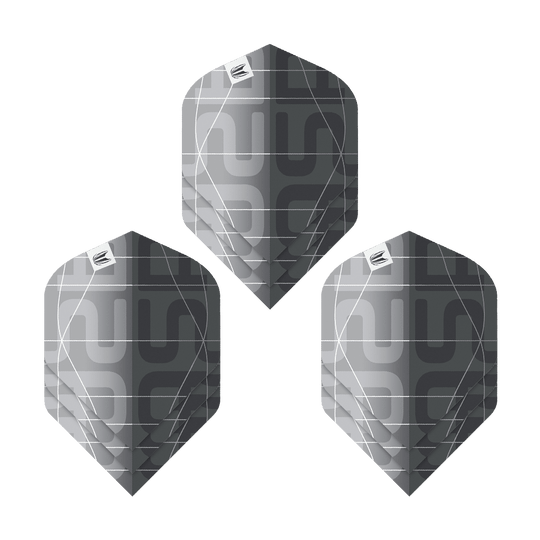 Target Pro Ultra Aspinall X Echo No2 Standard Flights - 3 set Das Bild zeigt drei schwarze und graue Dartflights mit modernem Muster. Es handelt sich um das Produkt "Target Pro Ultra Aspinall X Echo No2 Standard Flights - 3 Sets".