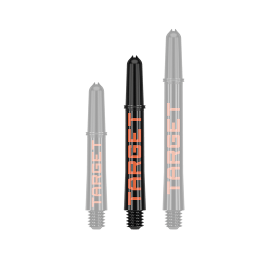 Aste Target Pro Grip TAG - 3 set - Nero Arancione Auf dem Bild sind drei schwarze Dartschäfte in unterschiedlicher Länge zu sehen. Auf jedem Schaft steht in orangefarbenen Buchstaben das Wort "TARGET".