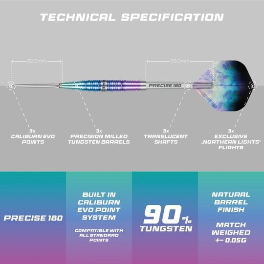 Freccette in acciaio Precise 180 Northern Lights Zu sehen sind die Precise 180 Northern Lights Steeldarts. Diese Steeldarts überzeugen durch hochwertige Verarbeitung.