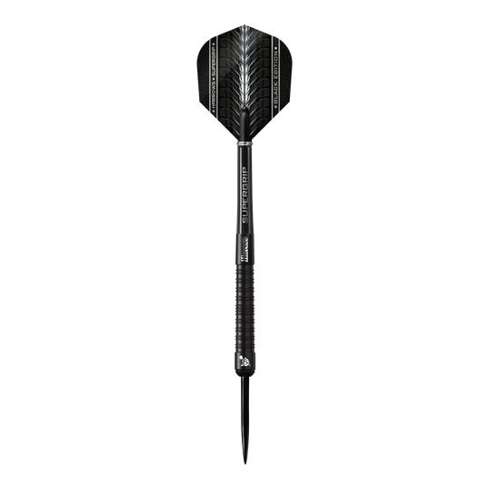 Freccette in acciaio Harrows Supergrip Black Edition Das Bild zeigt einen schwarzen Steeldart der Marke Harrows Supergrip Black-Edition. Der Dart hat ein elegantes, komplett schwarzes Design mit feinen silbernen Akzenten.