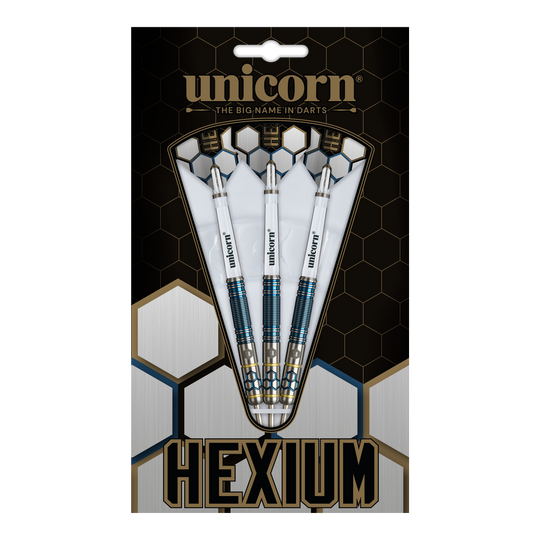 Freccette in acciaio Unicorn Hexium Style 02 blu e oro Das Bild zeigt die Unicorn Hexium Style 02 Blue & Gold Steeldarts. Die Darts sind in Blau und Gold designt.