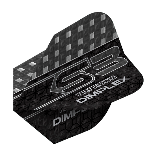 Voli Harrows Dimplex S3 - Smokey Das Bild zeigt ein Dart-Flügel mit dem Namen "Harrows Dimplex S3 Flights - Smokey". Das Design ist überwiegend schwarz mit silbernen Mustern und Schriftzügen.