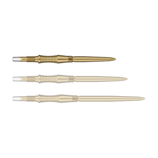 Punte per freccette Target Swiss Point Signature RST - Oro Das Bild zeigt eine Darts-Spitze von Target in Gold, vermutlich aus der Swiss Point Signature RST Serie mit 30mm Länge. Die Spitze hat ein detailliertes Design und reflektiert das Licht.