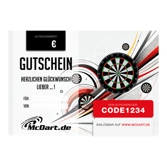 Buono - Bersagli per freccette Das Bild zeigt einen Geschenkgutschein für Dartboards von McDart.de. Auf dem Gutschein sind mehrere Dartboards sowie ein Gutscheincode abgebildet.