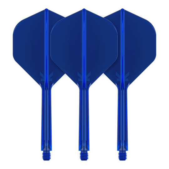 Target K-Flex No2 Standard Flight System - Blu Auf dem Bild sind drei blaue Dart-Flights mit Schaft zu sehen. Sie stehen nebeneinander und haben eine standardisierte Form.