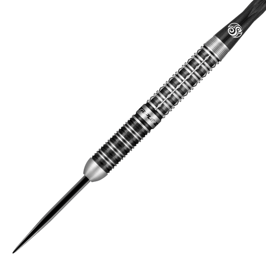 Freccette in acciaio Shot Niels Zonneveld V2 Das Bild zeigt einen Shot Niels Zonneveld V2 Steeldart. Der Dart hat ein silber-schwarzes, geriffeltes Design für besseren Halt.