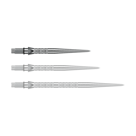 Punte per freccette in acciaio Winmau Switch Point Wave - Effetto argento Das Foto zeigt Winmau Switch Point Wave Silver Effect Steeldartspitzen mit 26 mm. Die silberfarbenen Steeldartspitzen sind in der Nahaufnahme sichtbar.