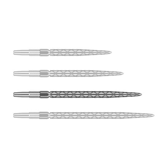 Punte per freccette Target Swiss Diamond Pro Silver Points Das Bild zeigt vier silberne Dartspitzen, die nebeneinander liegen. Jede Spitze hat eine rautenförmige Struktur und ist aus Metall gefertigt.